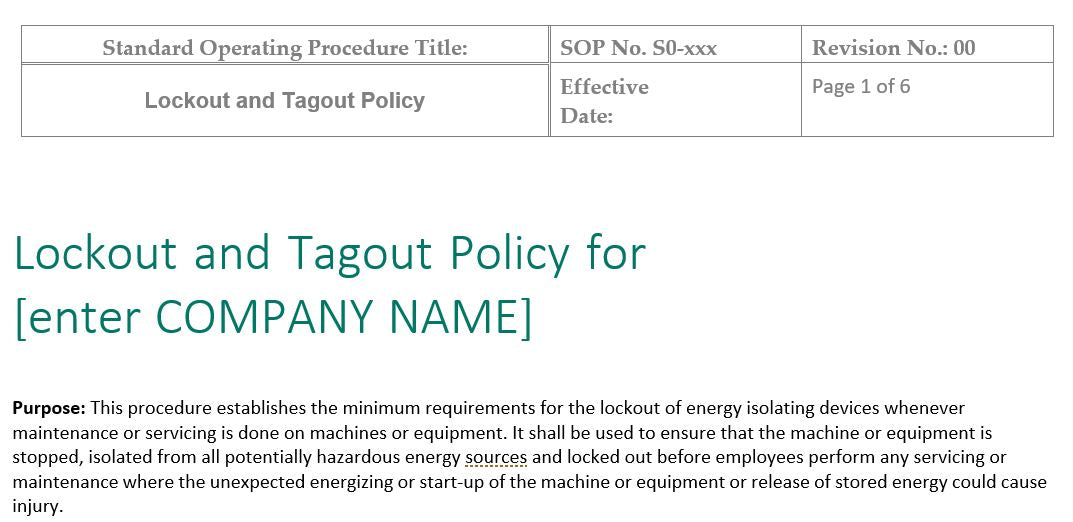 Lockout and Tagout Policy SOP – GMPWebSource