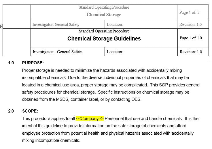 Chemical Storage and Handling SOP Template – GMPWebSource